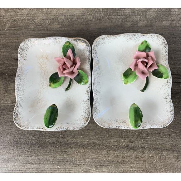 Porcelain 3D Rose 2 Trinket Dishes Japan Vintage Rectangle Plate - Picture 3 of 9